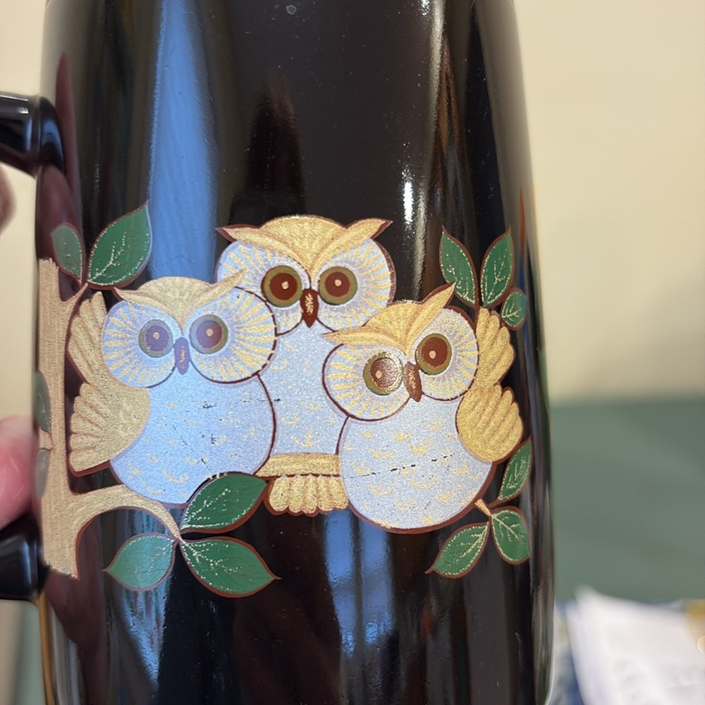Otagiri Black Ceramic Mug with Hand-Painted Gold-Accented Owl Trio - Picture 7 of 8